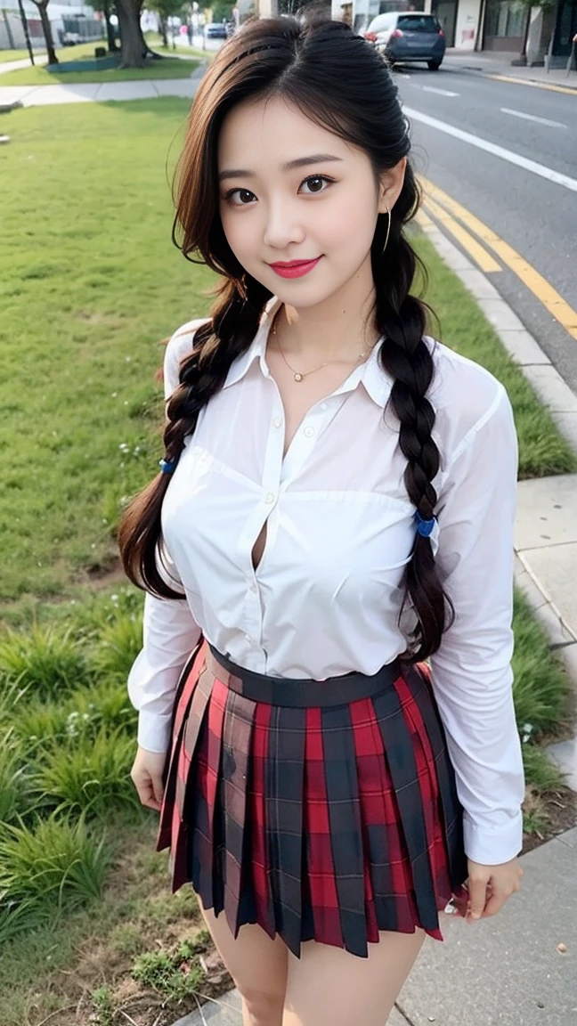 Wearing a white shirt, girl, (tight top:1.5),close your mouth and smile,legs long,, (Dark red plaid pleated skirt:1.5),,White skin of the,high high quality,4K, Face-to-face audience, 1 plump girl,hair tying up,at the street side,(Bring your legs together:1.5),with a round face,(a charming smile:1.2), 32 inches in the chest, (sexy pose),(standing pose) ,(full body shot)、Chest 32 inches, ,Stand on the grass and take pictures