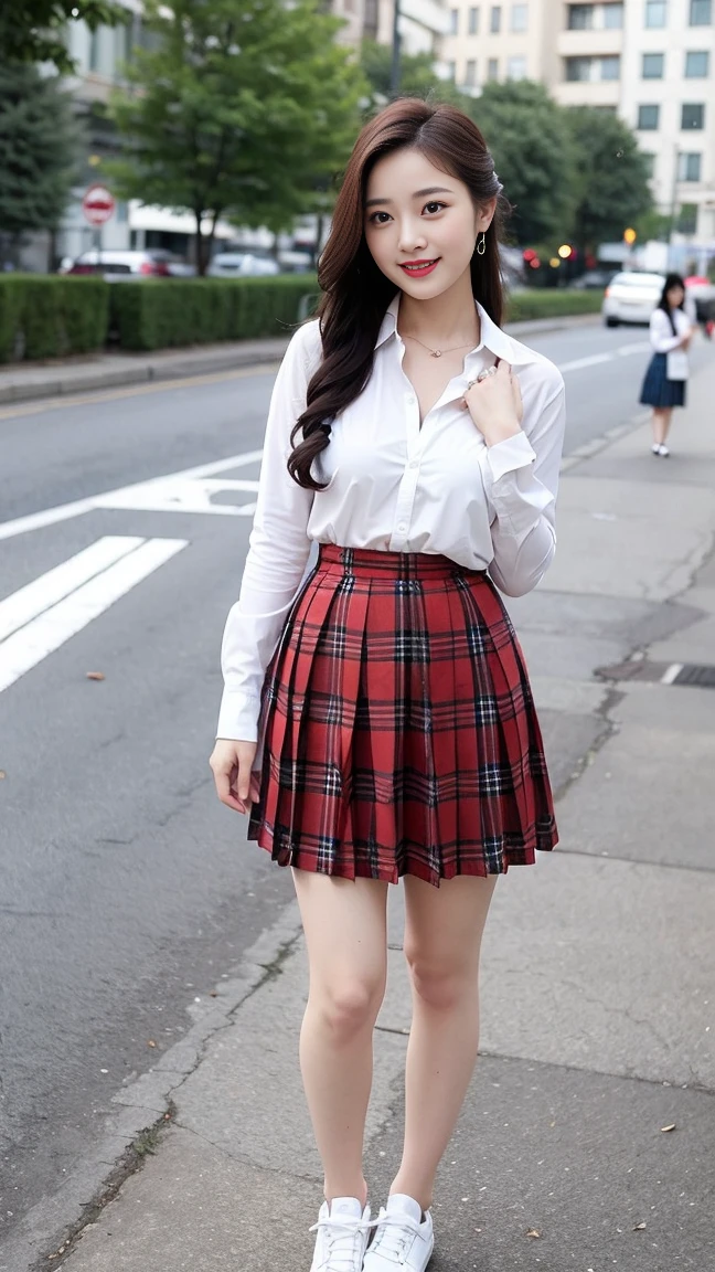 Wearing a white shirt, girl, (tight top:1.5),close your mouth and smile,legs long,, (Dark red plaid pleated skirt:1.5),,White skin of the,high high quality,4K, Face-to-face audience, 1 plump girl,hair tying up,at the street side,(Bring your legs together:1.5),with a round face,(a charming smile:1.2), 32 inches in the chest, (sexy pose),(standing pose) ,(full body shot)、Chest 32 inches, ,Stand on the grass and take pictures