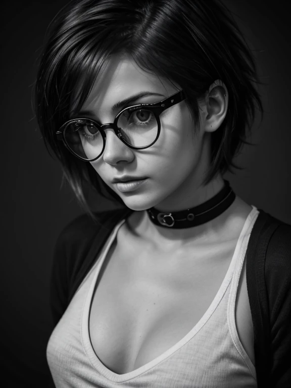 Raw monochrome photo, subject, (very detailed skin:1.2), contract for 8 thousand., SLR camera, soft lighting, high quality, detailing, Fujifilm XT3 monochrome film, masterpiece,Best quality,Ультра подробный masterpiece, Photography for documents, 1 charming chubby girl in glasses 22 years old with aesthetic very small age breah beautiful large erect nipplplit, shot, long shot,(((short punk hairstyle))), realistic very tousled dark brown uplifted short hair, beautiful full sensual lips, реалистичные выразительные тёмно-Brown eyes, (((realistic glasses with distorting lenses))), whole body, short stature, short tight torso, Teenage Physique, Beaut arms and legs, Graceful fingers, high-collar sweater, clear sharp focus on the eyes, ambient light of a photo studio, reflection in Очки lenses, eye reflection, detailed eyes,Brown eyes,beautiful eyes, perfect round teen detailed face, real retic skin,chiaroscuro, (high contrast):1.2, Dramatic shadows, Bold text, moody atmosphere, a lot of background, wide background frame, many small environmental details, Meticulously drawn background, Thrilling Intensity, expressive writing style, Black and white photography