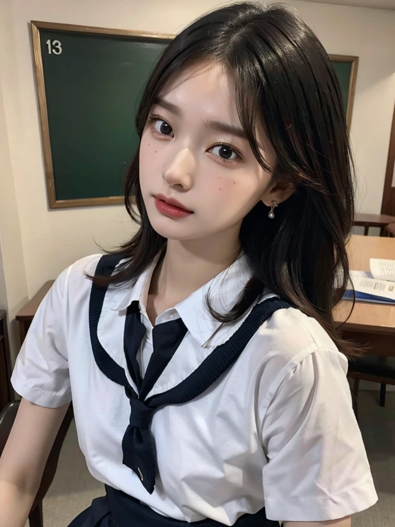 absurdres, RAW photo, extremely delicate and beautiful, masterpiece, Best Quality, ultra high resolution, 32k, hyperrealistic, ultra-detailed, 30 years old, very small head, very small face, delicate facial features, very detailed eyes and face, tearful mole, earring, very huge round breasts, medium hair, asymmetrical hair, (full body shot:1.2), indoor, short skirt, (school_uniform:1.2),