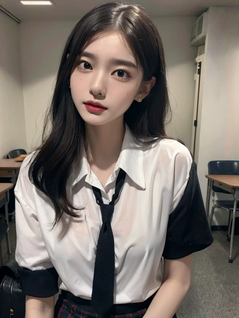 absurdres, RAW photo, extremely delicate and beautiful, masterpiece, Best Quality, ultra high resolution, 32k, hyperrealistic, ultra-detailed, 30 years old, very small head, very small face, delicate facial features, very detailed eyes and face, tearful mole, earring, very huge round breasts, medium hair, asymmetrical hair, (full body shot:1.2), indoor, short skirt, (school_uniform:1.2),