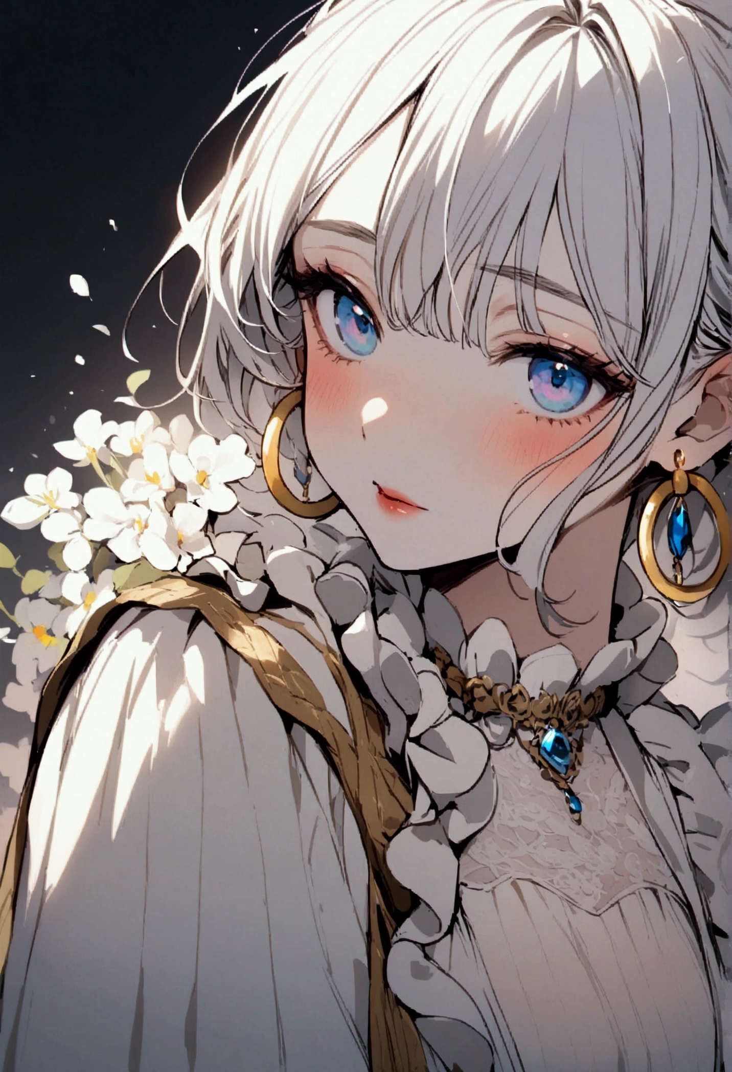 Girl, golden hoop earrings, smells of white powder