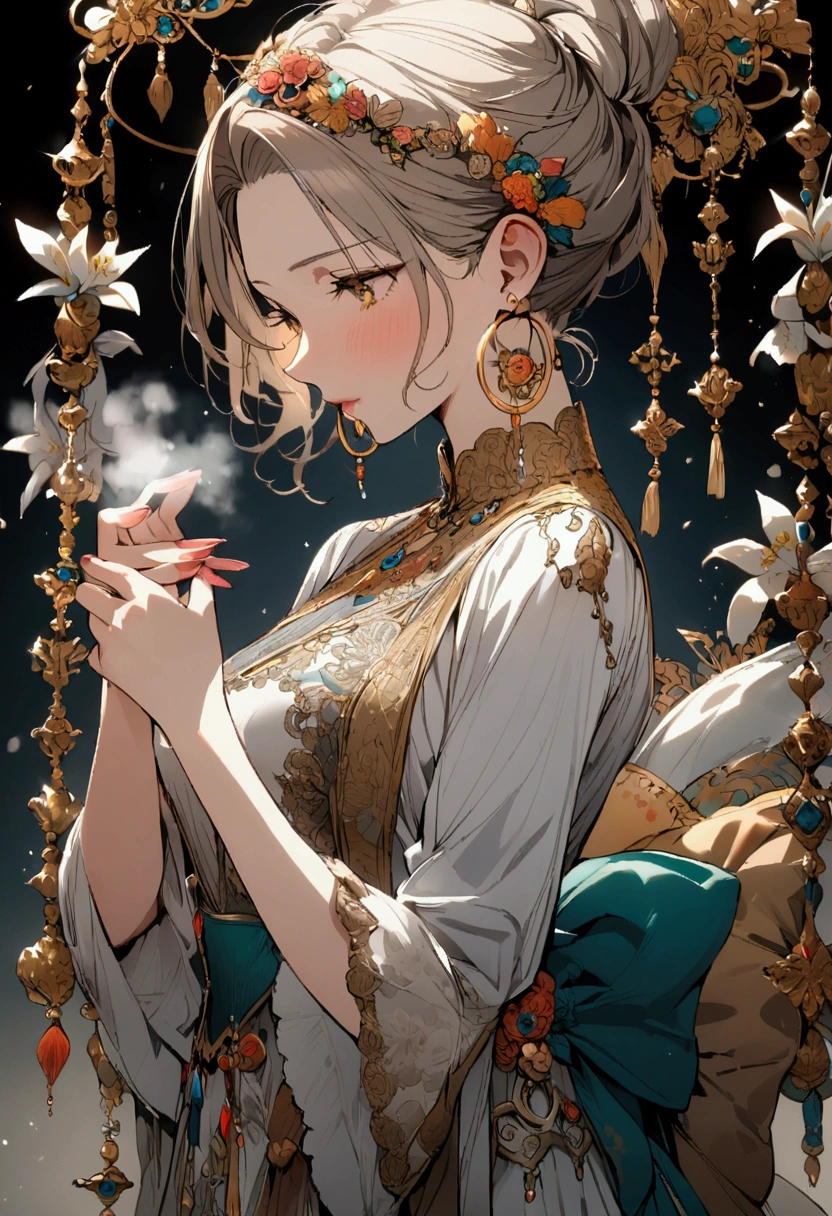 Girl, golden hoop earrings, smells of white powder