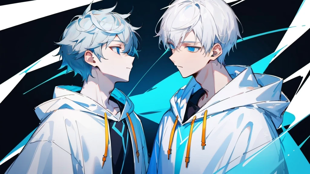 ((Highest quality)), ((masterpiece)), (detailed), Perfect Face,1 boy, Gray Hair, short hair, Translucent white skin,slightly turned to the side,Wearing a hood,White long sleeve hoodie, blue eyes, Black background