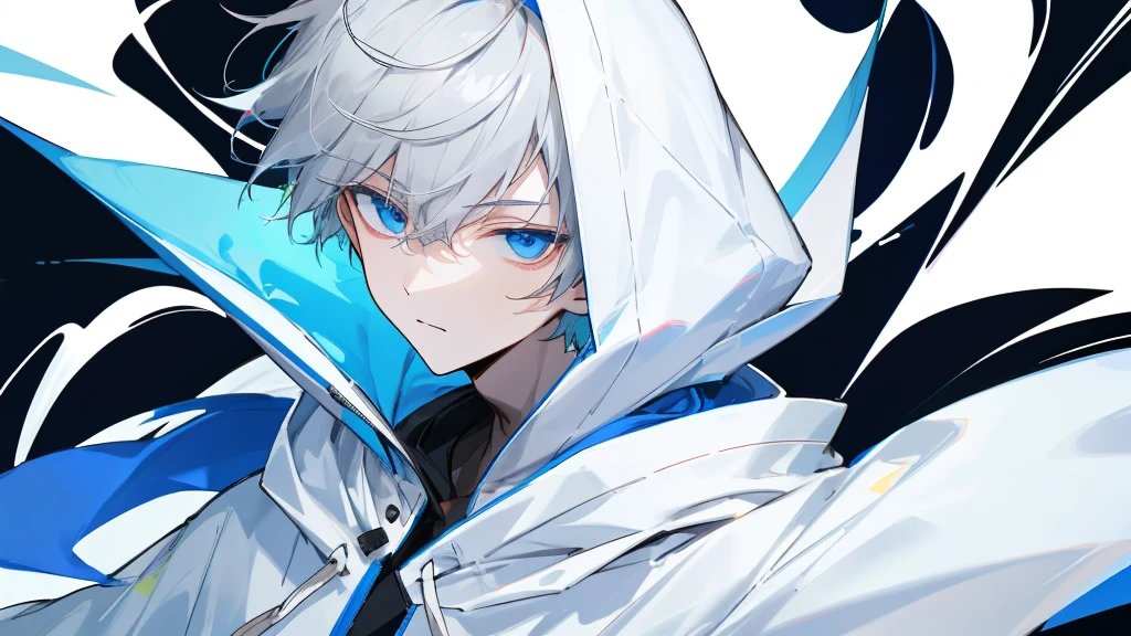 ((Highest quality)), ((masterpiece)), (detailed), Perfect Face,1 boy, Gray Hair, short hair, Translucent white skin,slightly turned to the side,Wearing a hood,White long sleeve hoodie, blue eyes, Black background