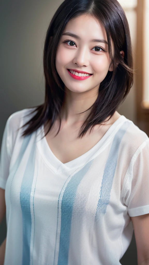 Dressed, (photo Realistic:1.4), (hyper Realistic:1.4), (Realistic:1.3),
(Smoother lighting:1.05), (Improving the lighting quality of movies:0.9), 32K,
One girl,20 year old girl, Realistic lighting, Backlight, Light on the face, Ray-tracing, (Bright light:1.2), (Improvement of quality:1.4),
(Highest Quality Real Texture Skins:1.4), Detailed drawn eyes, Detailed painted face,
(tired and sleepy and joy:0), (smile:1.4), Face close-up, T-Shirts,
(Enhance the mood of your body line:1.1), (Enhances the beauty of skin texture:1.1)