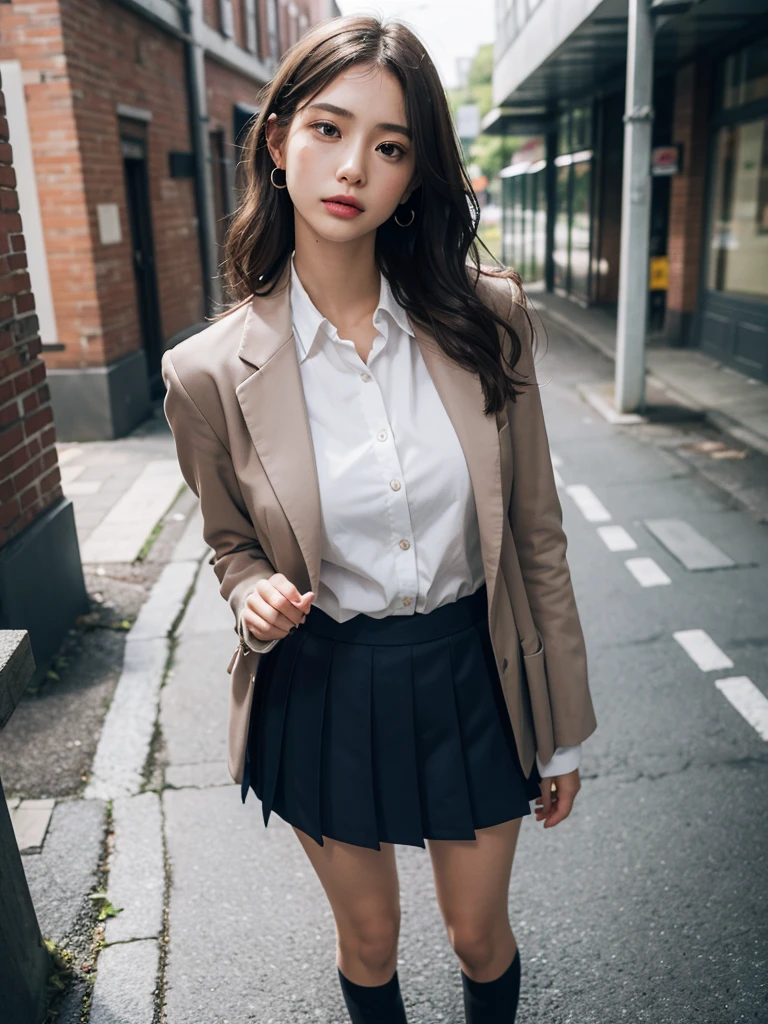 absurdres, RAW photo, extremely delicate and beautiful, masterpiece, Best Quality, ultra high resolution, 16k, hyperrealistic, ultra-detailed, perfect anatomy, super Detailed skin, perfect figure, Very detailed CG 8k wallpaper, in her 20s, very Slim body, narrow waist, very small head, very small face, delicate facial features, tearful mole, earring, thin legs, (very huge round breasts), (full body shot), bare legs, short hair, wavy hair, light brown hair, 1 girls, wet, ((school uniform)), blazer, skirt,