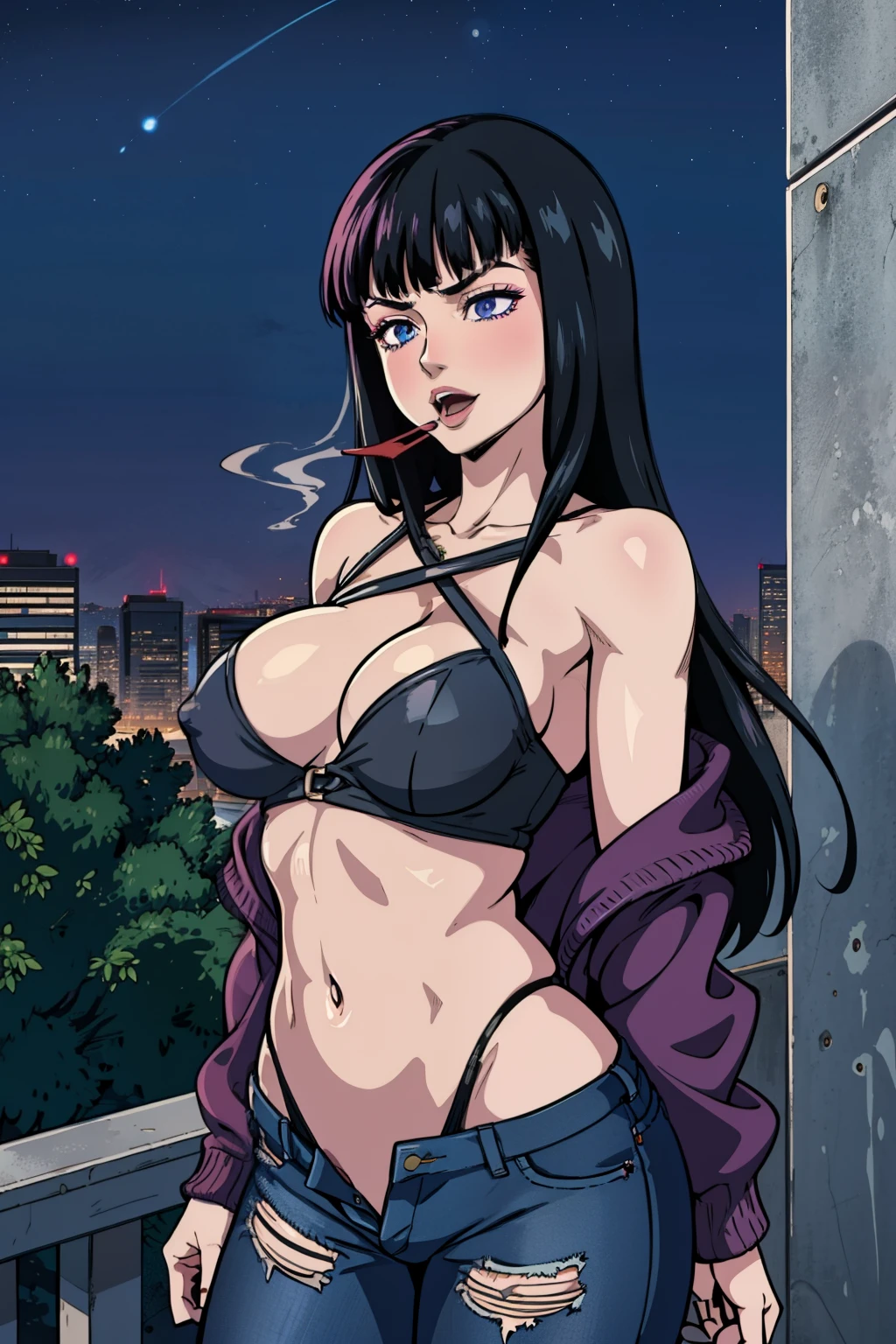 1girl, solo, purple-black hair, beautiful detailed lips, large breasts, blunt bangs, morda, long hair, lipstick, smile, blue eyes, Hot girl, baddie, staring, glaring, bad attitude, mean girl, dare, angry, hate, crazy, smoking, sensual, attractive, outdoors, rooftop, cityscape, building, railing, night, night sky, scenery, moon, city lights, blush, lipstick, jacket, masterpiece,high quality,4k, bare shoulder,belly,crop top,outdoor,cleavage,jeans,casual dress,street,road,smile, open mouth, (nsfw) not safe for work, holding a gun,handgun, evil expression, exposed belly, exposed navel, exposed midriff, exposed lower belly, crop top overhang, underboob, unbuttoned jeans , low rise black jeans, Low rise jeans, Low rise jeans with open fly