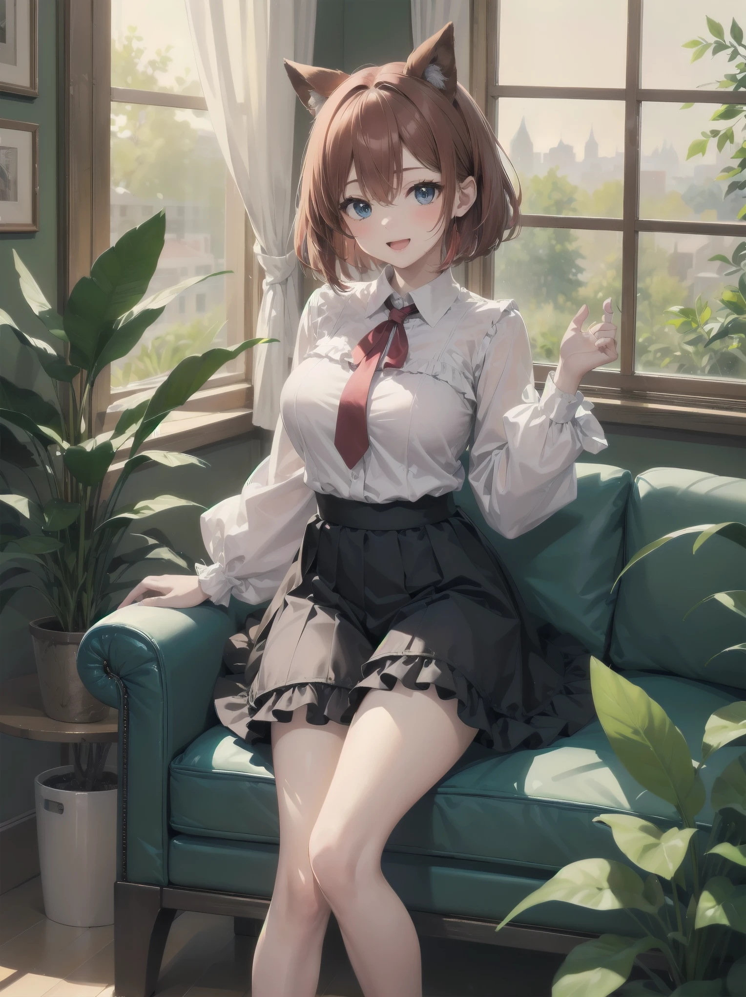 Scene Description: - Composition: Portrait. Focus on the face. Shot from the front. - Subject: Cute girl. (Chibi:1.1). Real person. - Features: - Face: (Cute round face:1.2). - Eyes: Detailed dark blue eyes. - Hair: One-leg bob-cut hair down the front with a large ribbon hairpiece, (golden hair), (red inner hair), auburn hair, hair between the eyes. - Body: Detailed slender body. Large breasts. - Clothing: Pink ruffled blouse, flares, blue ribbon tie, long ruffled sleeves, layered skirt. - Expression: happy expression. Mouth open. - Pose: head tilted back. She is looking at the viewer. - Background: living room of a trendy café. - Elements: Houseplants. Cute pastel sofa. Cute pastel curtains. Cute pastel-colored wallpaper. Time: Daytime. Lighting: (Natural light: 1.4). Art Style: Watercolor. Traditional media. Quality: Intricate details. Highly detailed. Outstanding complexity. (Masterpiece: 1.2). (Highest quality: 1.2). (Absurd absolute resolution: 1.4). Mood: Calm,