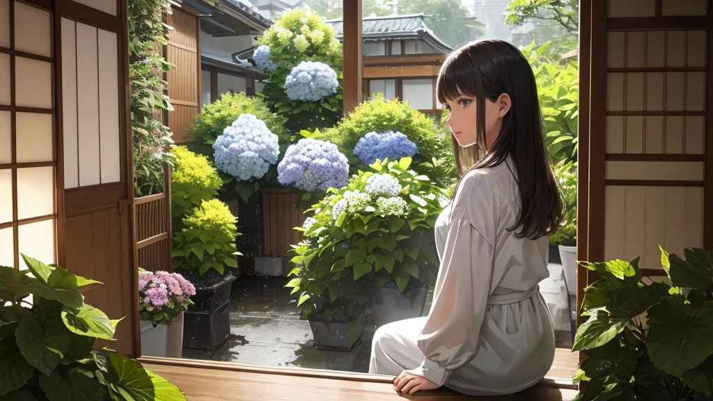 {best quality}, {very aesthetic}, {ultra-detailed}, {8k}, {Super elaborate face}, {Super-smart body}, Sparkling summer rain, Woman sitting on the veranda of a Japanese house, Wet day, (Woman looking outside,Behind the scenes), An ennui atmosphere, Super fine hair, flat chest, 1girl, Rain outside the window, back view, hydrangea, There are no plants in the room,