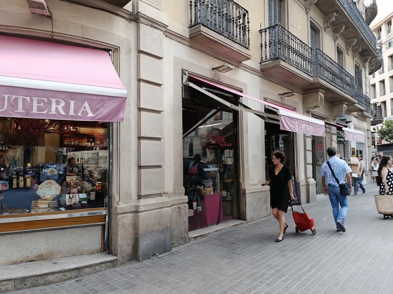 people walking on a sidewalk in front of a store with a pink awning, seen from outside, old shops, Lots of shops, Extravagant shops, store front, in barcelona, escape, stories, escapes, Photo for a store, by Hirosada II, by Glòria Muñoz, pillar, Spanish, by Viktor Oliva