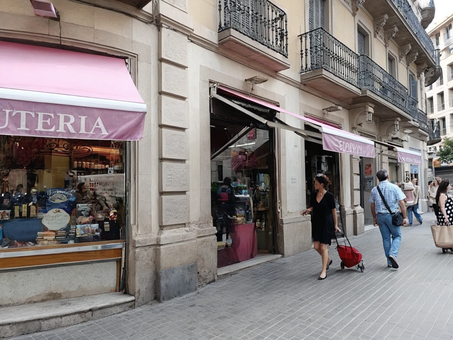people walking on a sidewalk in front of a store with a pink awning, seen from outside, old shops, Lots of shops, Extravagant shops, store front, in barcelona, escape, stories, escapes, Photo for a store, by Hirosada II, by Glòria Muñoz, pillar, Spanish, by Viktor Oliva