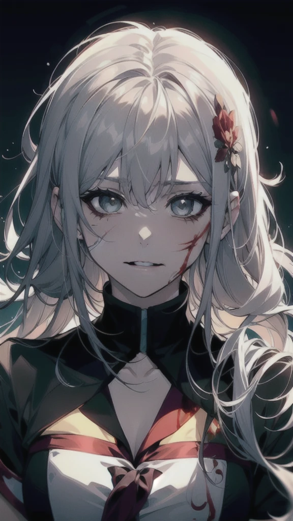 Anime girl with blood on her face and wearing black clothes, gapmoe Yandere grimdark, Yandere, gapmoe Yandere, Danganronpa digital art, Yandere. expensive, junko enoshima, portrait gapmoe Yandere grimdark, Junko Enoshima from Danganronpa, akane owari danganronpa, Killer - Girl