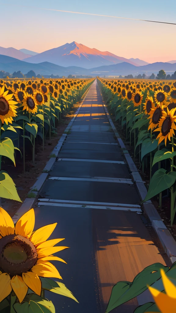 Please draw a scene at dusk.。Road to distant mountain々It extends parallel to、The sky is painted in shades of blue and orange from the sunset。Sunflowers in full bloom on both sides of the road、The vibrant yellow colours add colour to the landscape.。Electric wires line the road、Adding elements that make you feel the presence of people。Please express a tranquil and beautiful natural landscape as a whole.。