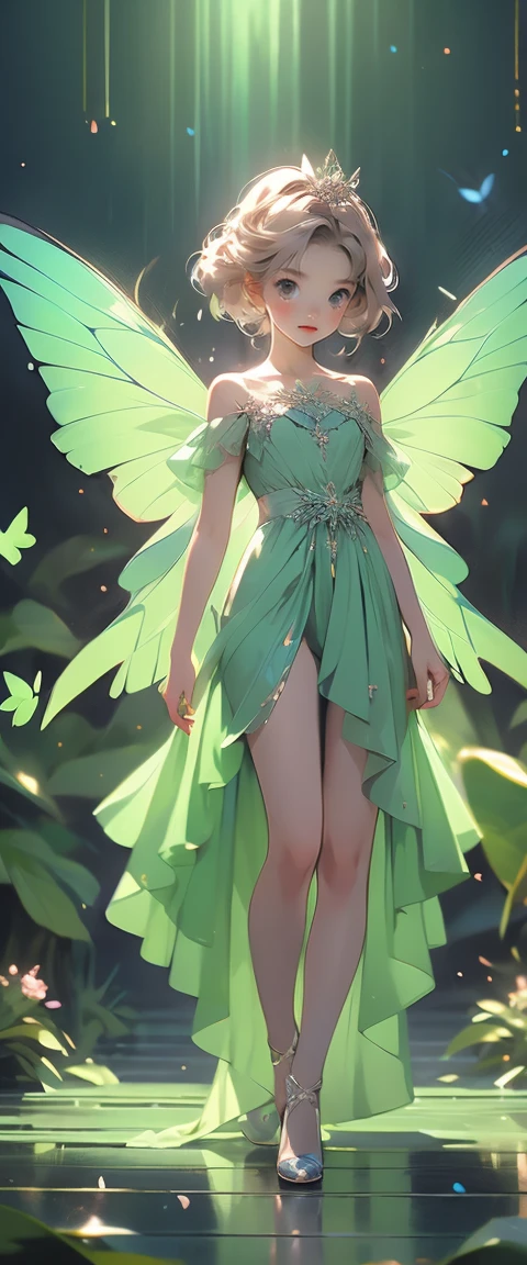 ((masterpiece, highest quality, Highest image quality, High resolution, photorealistic, Raw photo, 8K)), ((Extremely detailed CG unified 8k wallpaper)), character desing, fullbody, anime, short clothes, powerfull girl, chica magica, magic girl, A lone blue butterfly fluttering in the starry sky, Huge butterfly wings, (green glowing wings), green wings shining in the dark night, summer dress fluttering,