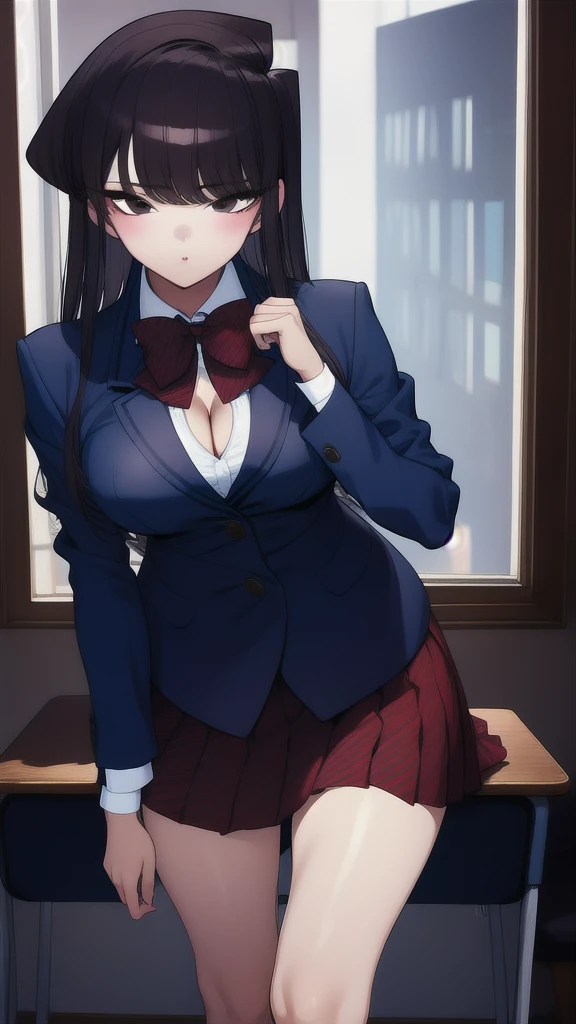 1girl, cowboy shot, classroom,
komi_shouko, black eyes, black hair, long hair, , red bowtie, jacket, blazer, long sleeves, striped, pleated skirt, red skirt, black pantyhose, best quality, masterpiece, highres, nude busty breasts , nipples showing, nude cleavage, sexy