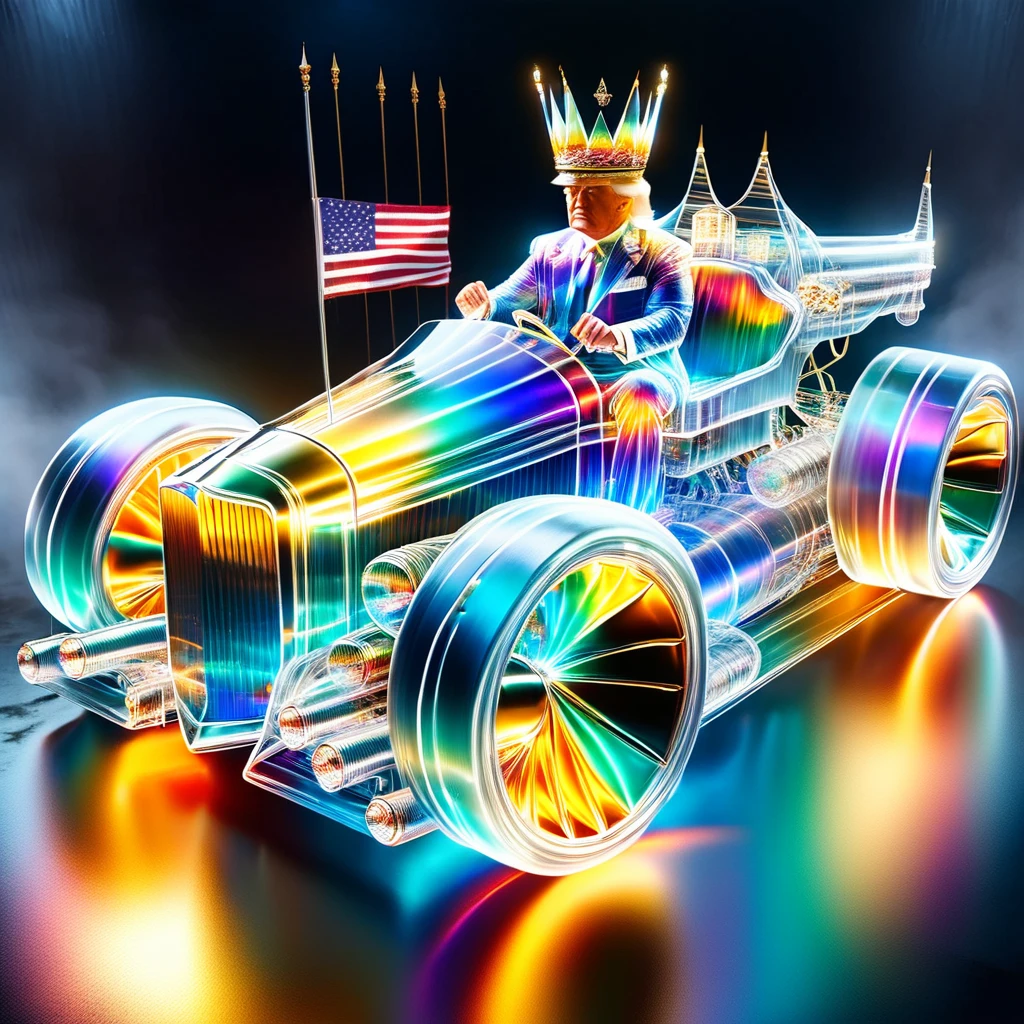 hyper detailed masterpiece, dynamic realistic digital art, incredible quality,transparentes, Donald Trump, wearing a small gold crown sitting on the engine holding the flag of the United States DonMSp3ctr4lXL