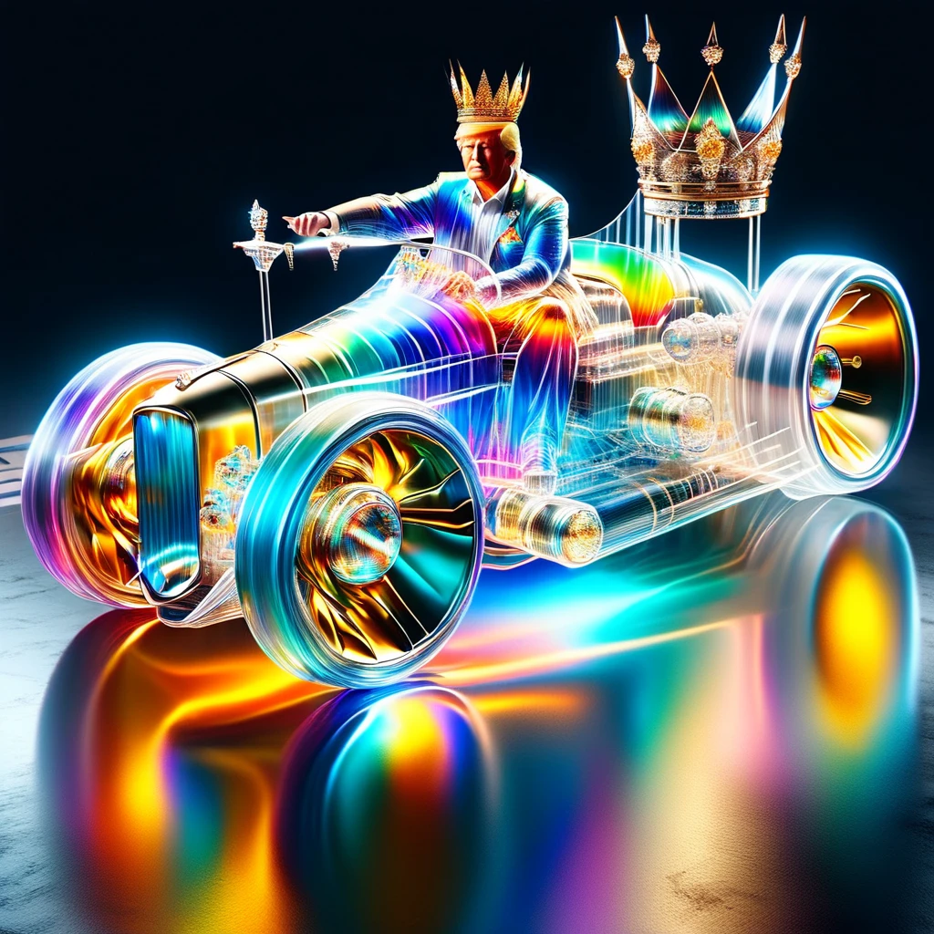 hyper detailed masterpiece, dynamic realistic digital art, incredible quality,transparentes,  Donald Trump, wearing a small gold crown sitting on the engine holding the flag of the United States DonMSp3ctr4lXL