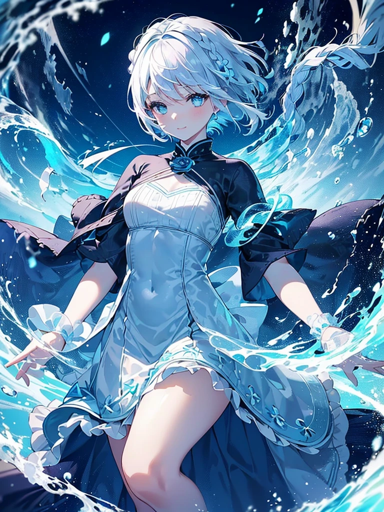 (Ultra Quality figure), Ultra detailed,((Top quality)),beautiful girl, (short white sky hair), ((braided short hair)), her eyes is shining , (highly detailed beautiful eyes), charming smile, Fantasy atmosphere feeling,blue sea scenary,((dream invited blue )) (storm spring)kawaii figure (Ghotic long skirt) ((Storm petal flower)) over the surface sea, dance (from a side) run