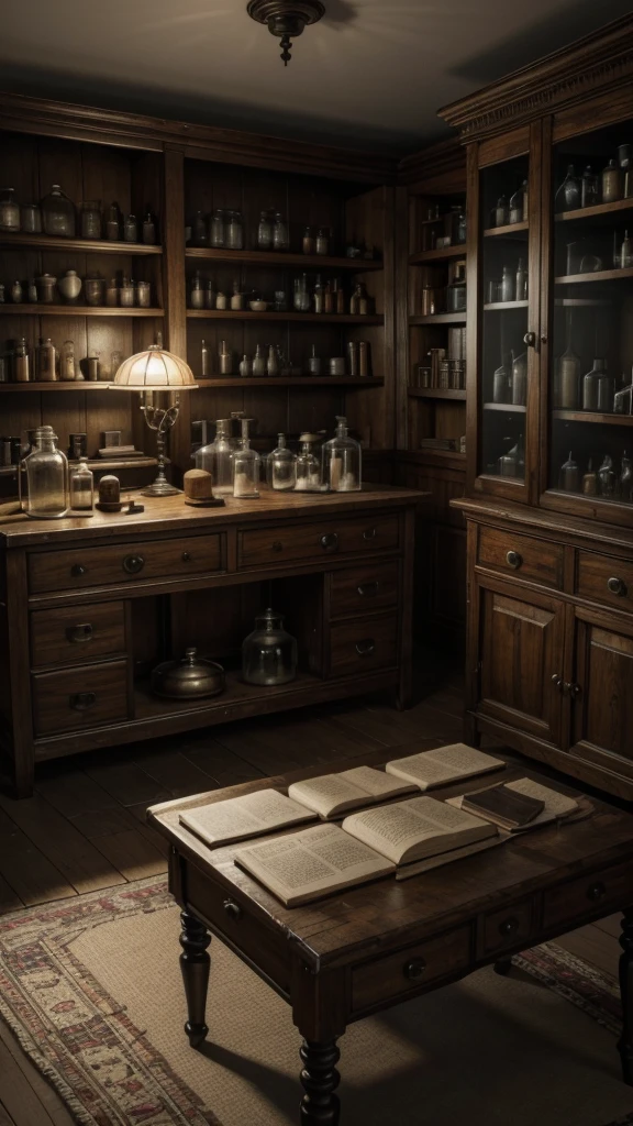 A realistic 3D rendering in 4K of an ancient medical practitioner's room. The scene includes a wooden table with old surgical instruments, open medical books, and a skull. The room is lit by a single, dim oil lamp, casting long shadows and creating a mysterious and eerie ambiance. The background includes shelves lined with ancient medical texts and jars filled with herbs. The title "Resumo de Antropologia" is clearly visible at the top in a stylish, old-world font.