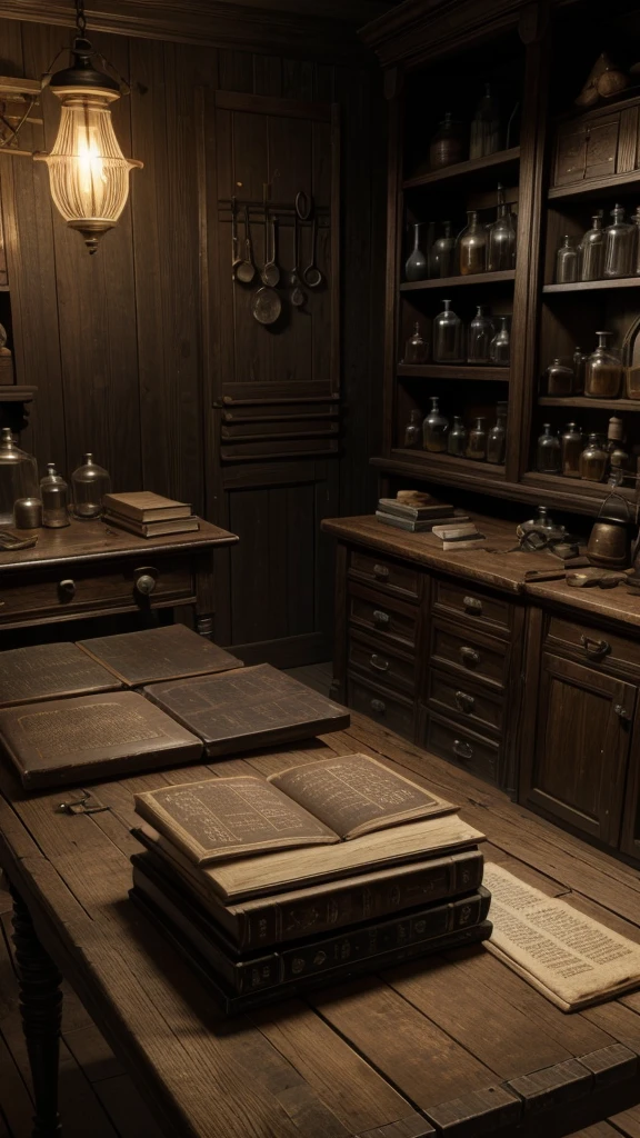 A realistic 3D rendering in 4K of an ancient medical practitioner's room. The scene includes a wooden table with old surgical instruments, open medical books, and a skull. The room is lit by a single, dim oil lamp, casting long shadows and creating a mysterious and eerie ambiance. The background includes shelves lined with ancient medical texts and jars filled with herbs. The title "Resumo de Antropologia" is clearly visible at the top in a stylish, old-world font.