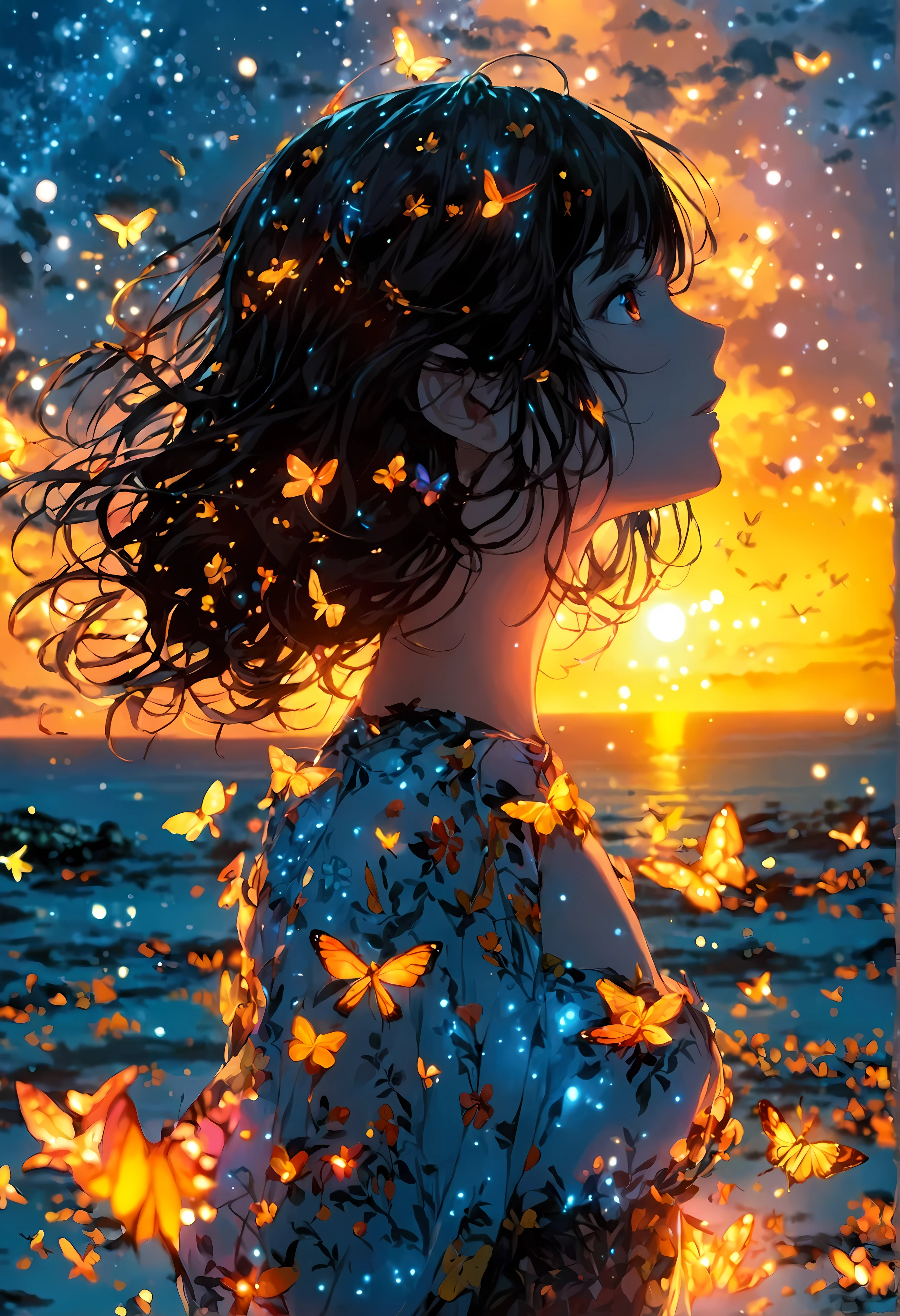 A girl at beautiful at beach at night time with insects glowing