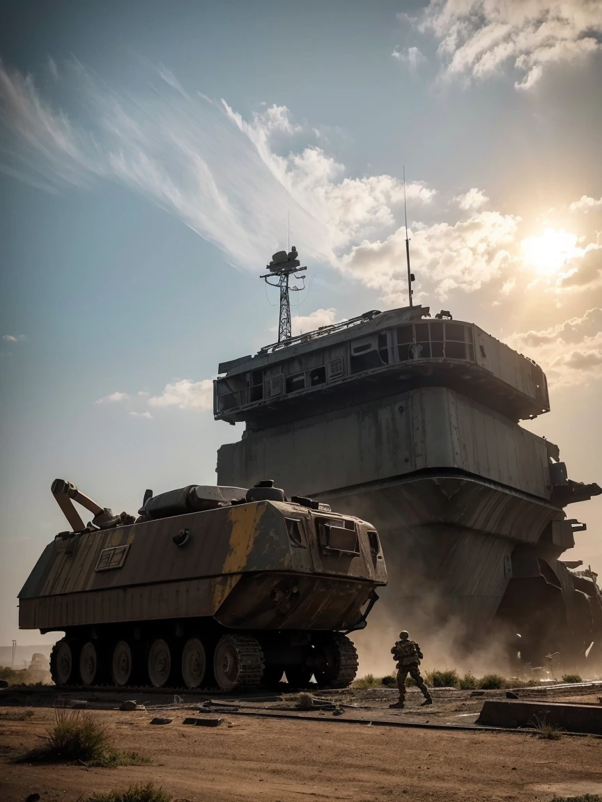  A futuristic warzone landscape unfolds an industrial military ship emerges from a dusty, ravaged horizon. Weathered textures and rusty hues dominate the foreground, depicting the aged structure's battle-worn features. The sky above is a deep shade of indigo, gradually lightening to a faint blue towards the upper left corner, where a burst of orange and yellow illuminates the atmosphere. A military unit, dressed in muted earth tones, moves cautiously into the frame, led by a helmeted figure holding a rifle at the ready. The landscape's worn terrain, complete with rocky outcroppings and ravaged foliage, stretches towards the vanishing point, drawing the viewer's eye into the gritty, adventurous scene.