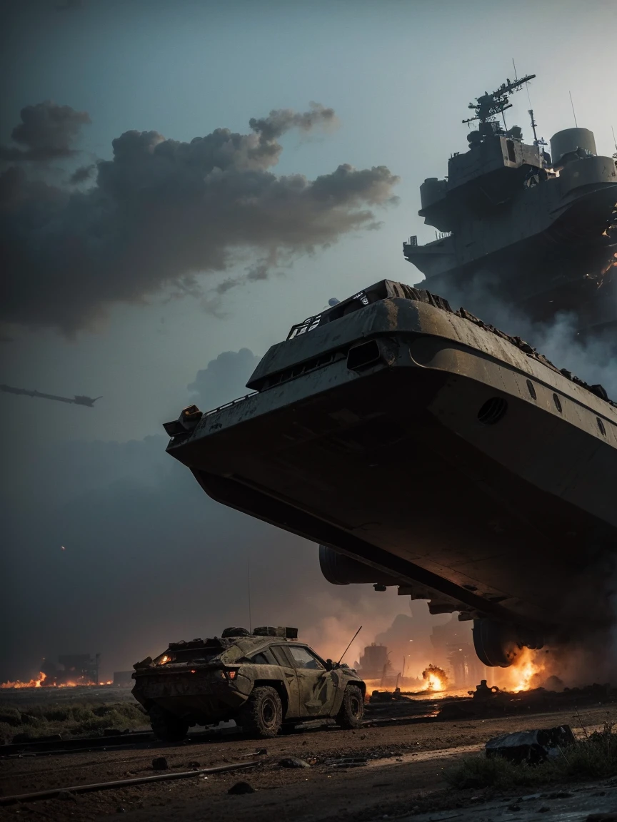  A futuristic warzone landscape unfolds an industrial military ship emerges from a dusty, ravaged horizon. Weathered textures and rusty hues dominate the foreground, depicting the aged structure's battle-worn features. The sky above is a deep shade of indigo, gradually lightening to a faint blue towards the upper left corner, where a burst of orange and yellow illuminates the atmosphere. A military unit, dressed in muted earth tones, moves cautiously into the frame, led by a helmeted figure holding a rifle at the ready. The landscape's worn terrain, complete with rocky outcroppings and ravaged foliage, stretches towards the vanishing point, drawing the viewer's eye into the gritty, adventurous scene.