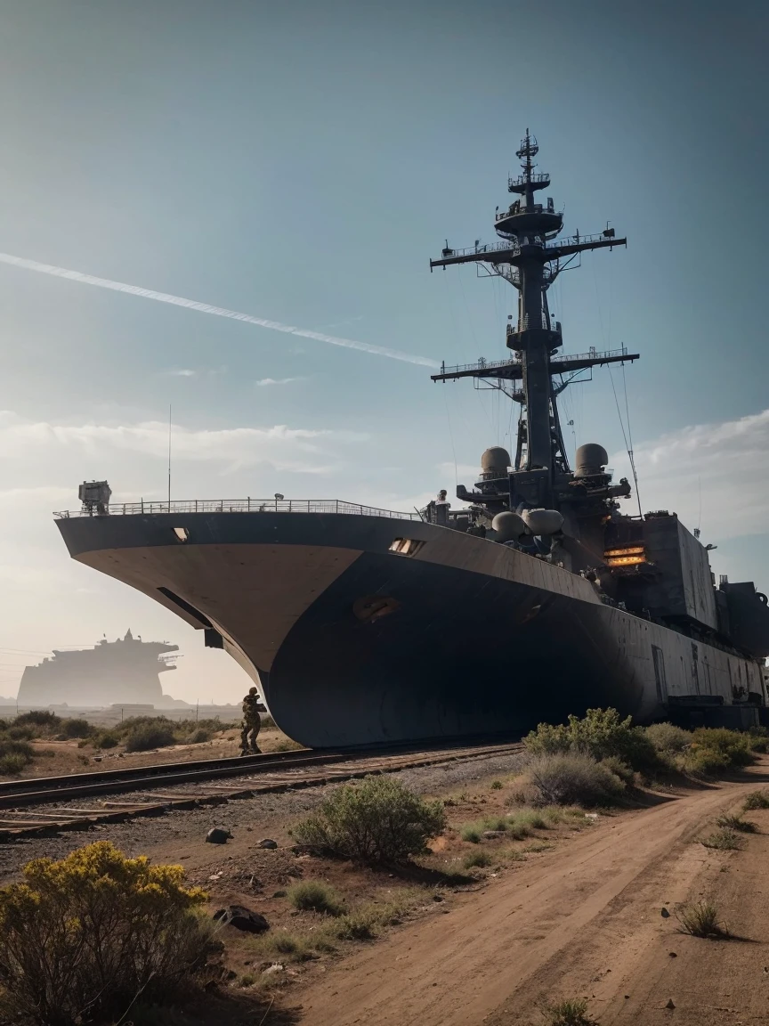  A futuristic warzone landscape unfolds an industrial military ship emerges from a dusty, ravaged horizon. Weathered textures and rusty hues dominate the foreground, depicting the aged structure's battle-worn features. The sky above is a deep shade of indigo, gradually lightening to a faint blue towards the upper left corner, where a burst of orange and yellow illuminates the atmosphere. A military unit, dressed in muted earth tones, moves cautiously into the frame, led by a helmeted figure holding a rifle at the ready. The landscape's worn terrain, complete with rocky outcroppings and ravaged foliage, stretches towards the vanishing point, drawing the viewer's eye into the gritty, adventurous scene.