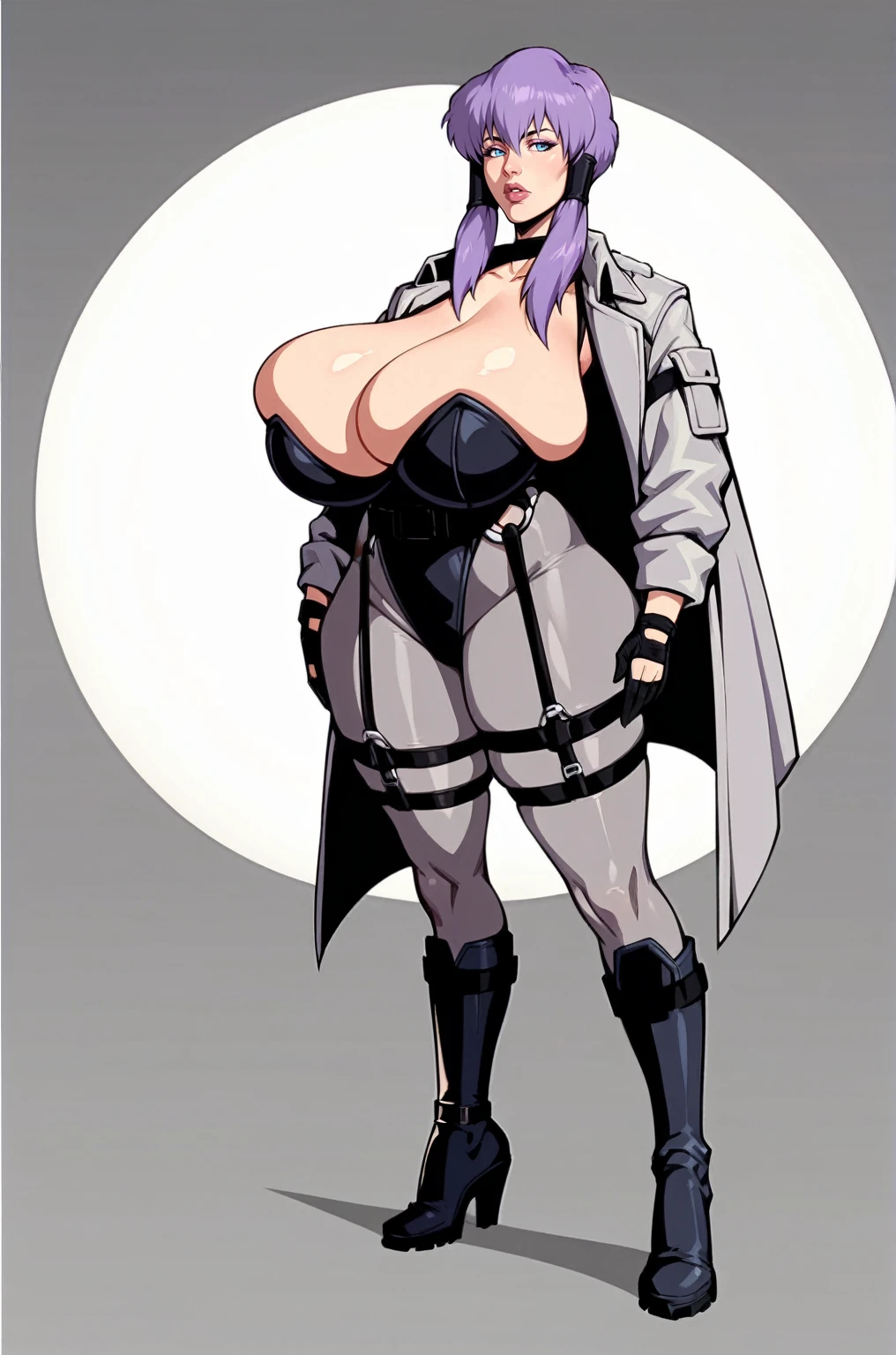score_9, score_8_up, score_7_up, score_6_up, score_5_up, score_4_up, solo, major, long purple hair, long side locks, hair tubes, big thick full lips, ((pouted lips)), blue eyes, ((squinting soulful eyes)), colored eye shadow, ((mature woman)), ((full body)), sexy, seductive, alluring, pleasant expression, Gray bodysuit, Gray short pilot jacket, leotard, over the knee long boots, long sleeve black gloves, straps, belt, harness, (((huge breasts))), ((sagging breasts)), wide hips, thick thighs, huge ass, sci-fi fashion, intricate details, detailed background, detailed eyes, sharp focus, grounded sci-fi aesthetic, ((ghost in the shell style)), anime screencape,