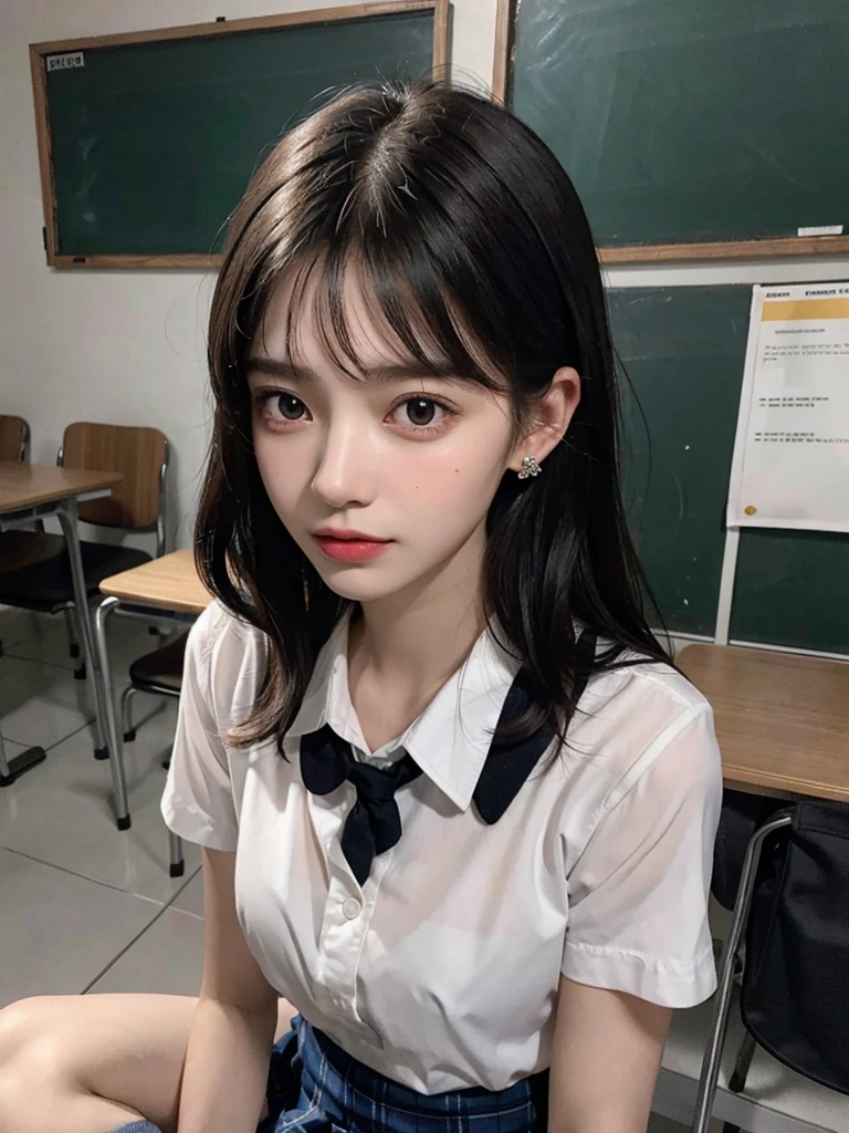 absurdres, RAW photo, extremely delicate and beautiful, masterpiece, Best Quality, ultra high resolution, 32k, hyperrealistic, ultra-detailed, 30 years old, very small head, very small face, delicate facial features, very detailed eyes and face, tearful mole, earring, very huge round breasts, medium hair, asymmetrical hair, (full body shot:1.2), indoor, short skirt, (school_uniform:1.2),