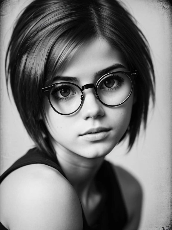Raw monochrome photo, subject, (very detailed skin:1.2), contract for 8 thousand., SLR camera, soft lighting, high quality, detailing, Fujifilm XT3 monochrome film, masterpiece,Best quality,Ультра подробный masterpiece, Photography for documents, 1 charming chubby girl in glasses 22 years old with aesthetic very small age breasts with beautiful large erect nipples, split, medium shot, long shot,(((short punk hairstyle))), realistic very tousled dark brown uplifted short hair, beautiful full sensual lips, реалистичные выразительные тёмно-Brown eyes, (((realistic glasses with distorting lenses))), whole body, short stature, short tight torso, TeenPhysique, Beautiful arms and legs, Graceful fingers, high-collar sweater, clear sharp focus on the eyes, ambient light of a photo studio, reflection in Очки lenses, eye reflection, detailed eyes,Brown eyes,beautiful eyes, perfect round teen detd face, real realistic skin,chiaroscuro, (high contrast):1.2, Dramatic shadows, Bold text, moody atmosphere, a lot of background, wide background frame, many small environmental details, Meticulously drawn background, Thrilling Intensity, expressive writing style, Black and white photography