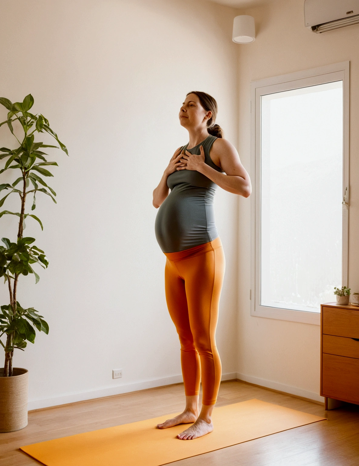 prompt: "Yoga prenatal , Mountain Pose (Tadasana), 25 year old pregnant woman standing , in a quiet space at home, explaining the position, activating the leg muscles and raising the kneecaps without locking the knees., in the style of light yellow and light orange., candid moments, Patricia Piccinini, happy and optimistic, y2k aesthetic, daniel ridgway caballero, High quality photo