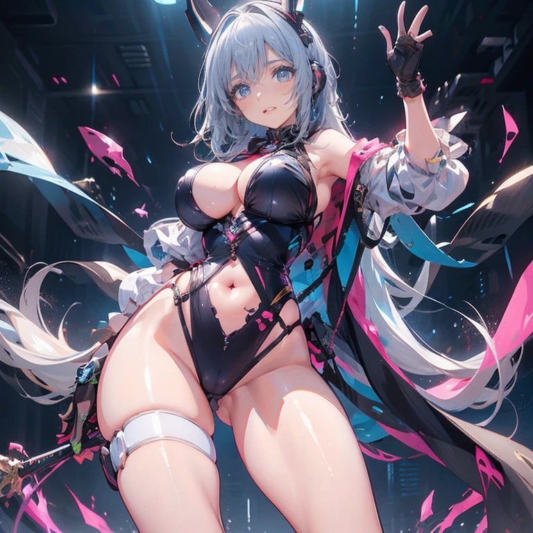 Anime Kawaii sexy Perfect Slim sensual body large breast and huge thighs, An intricate and highly detailed illustration of anime ( girl). personagem de anime, futurista, ciberpunk, holding a microphone in the right hand Walking while singing Headphones with futurista neon lights, body preto, cabelo preto comprido, elementos da cibernet, Mulher guerreira, mais alta qualidade, Brilho do macacão, Bela expressão, aquarela, Detalhes vívidos no body,