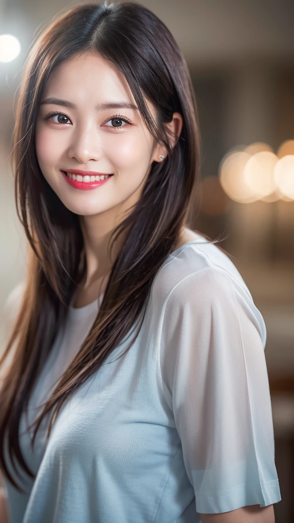 Dressed, (photo Realistic:1.4), (hyper Realistic:1.4), (Realistic:1.3),
(Smoother lighting:1.05), (Improving the lighting quality of movies:0.9), 32K,
One girl,20 year old girl, Realistic lighting, Backlight, Light on the face, Ray-tracing, (Bright light:1.2), (Improvement of quality:1.4),
(Highest Quality Real Texture Skins:1.4), Detailed drawn eyes, Detailed painted face,
(tired and sleepy and joy:0), (smile:1.4), Face close-up, T-Shirts,
(Enhance the mood of your body line:1.1), (Enhances the beauty of skin texture:1.1)