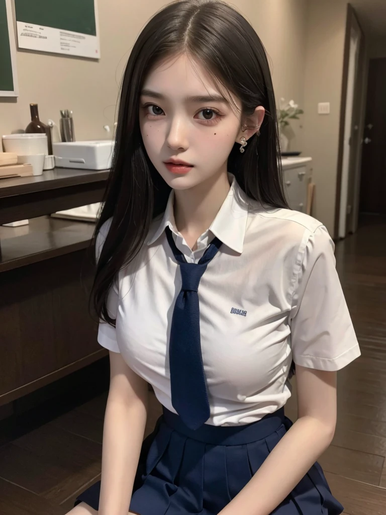 absurdres, RAW photo, extremely delicate and beautiful, masterpiece, Best Quality, ultra high resolution, 32k, hyperrealistic, ultra-detailed, 30 years old, very small head, very small face, delicate facial features, very detailed eyes and face, tearful mole, earring, very huge round breasts, medium hair, asymmetrical hair, (full body shot:1.2), indoor, short skirt, (school_uniform:1.2),