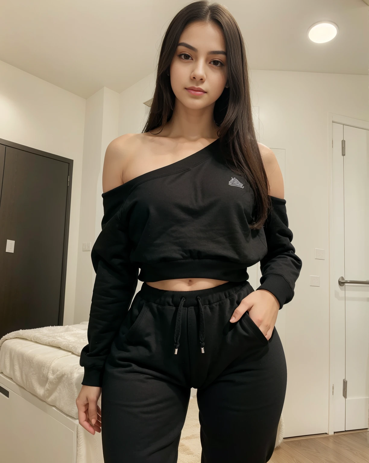 A (beautiful) young Brazilian girl, (extremely pale skin:1.2), (straight black hair:1.4), (small pointed nose, full lips, pointed chin, small face), (slim body), (small shoulders:1.6), (slim waist and thick hips:1.4),(small torso:1.4), (extremely thick hips:1.6), (very thick thighs:1.6). 19 years old, posing confidently. wearing a (black sweatpants:1.4), with a (black sweatshirt:1.4), casual and elegant clothing. standing facing forward, in a closed room.