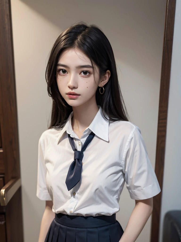 Best Quality, Masterpiece, ultra high resolution, (reality: 1.4), Photo original, 1 girl, maduro, White JK uniform, movie lighting