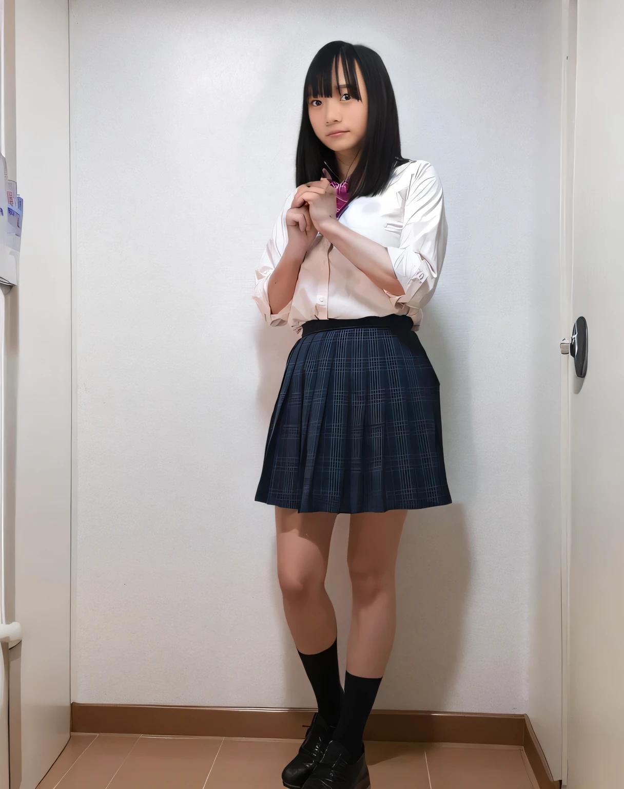 Highest quality,Super detailed,One high school girl,Standing in the corridor of the hospital,Looking at this,Posing for a photo