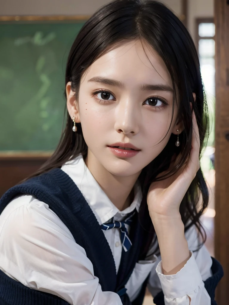 absurdres, RAW photo, extremely delicate and beautiful, masterpiece, Best Quality, ultra high resolution, 32k, hyperrealistic, ultra-detailed, 30 years old, very small head, very small face, delicate facial features, very detailed eyes and face, tearful mole, earring, very huge round breasts, medium hair, asymmetrical hair, (full body shot:1.2), indoor, short skirt, (school_uniform:1.2),