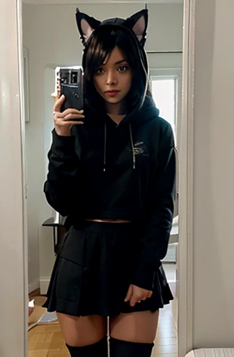 (mirror selfie), cat ears, standing sideways, black hoodie, hood up, programming socks, skirt