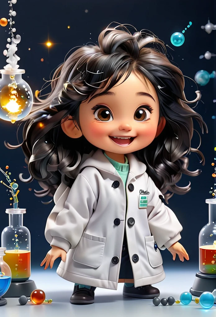 Chibi Baby Chemistry Mascot MASCOT, atoms, Molecules ,Has black hair , Blind box style and model with popular market style, The sunlight shines, , hyper qualit, sharp features, Ultra HD and 8K resolution,Cool Hand Drawn Illustration，fly away (Inside out disgusting), Create a series of best quality cute chibi dolls,ultra details,realisitic,Science Laboratory,Chemical experiment,ultra HD, chemical equipment,scientists working,cups,UHD Bunsen Burner ,Microscope,laboratory glassware,measuring cylinders,labcoats,Round nerd glasses ,science books,Periodic table,scientific research,discoveries,new inventions,innovation,aprendizagem,education,Scientific culture wears coat with details of buttons and brooches , her coat is charming and cute with ultra chemical details ,Curiosidade,Technological advancements,swirly vibrant colors,soft lighting,modern laboratory,nerdy atmosphere,laboratory instruments,hypothesis testing,Scientific method,symbolic representation,Critical thinking,experiments ,precision,precision,Intricate details,impressive scientific setup,natural elements,exploration of the mysteries of science,unlocking the secrets of nature. Baby chibi is happy and excited, remember to use chemical laboratory glassware, The chalkboard behind the cute chibi baby is written the structure of caffeine in white chalk 18K UHDBlack hair, very long hair, American propaganda poster, shine light, 3D rendering, 