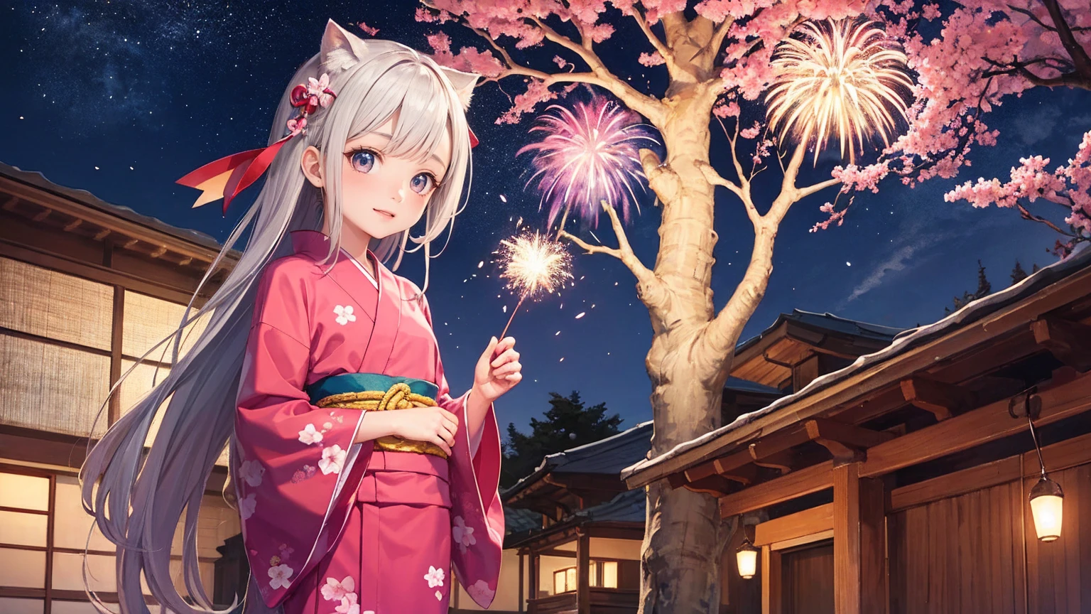 very cute、、girl、Straight Long Hair、yukata、firework、Night Sky、Cherry blossom trees、yukataの胸元がはだけている、