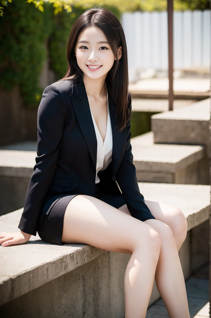 (Only one person), Pure Japanese young girl, outstanding body, beautiful legs, wearing formal suits, high heels, vivid makeup and lips, thick eyebrows, formal black hair styles, sweet smile, secret temptation, professional portrait photography, sitting, soft sunlight,