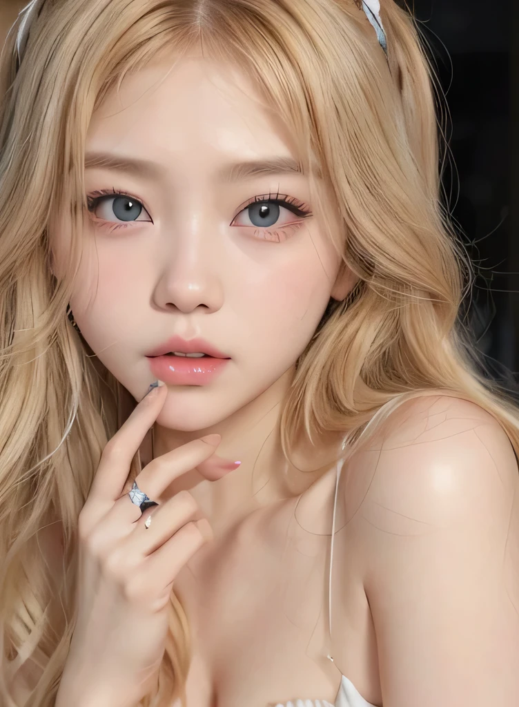 a close up of a woman with delicate fingers and angelic beauty, she has long blonde hair with curtain bangs, soft sexy korean girl, belle delphine, juicy heart shaped lips, big eyes, asian doll face, young cute asian face, blackpink lisa, ive wonyoung, song jia