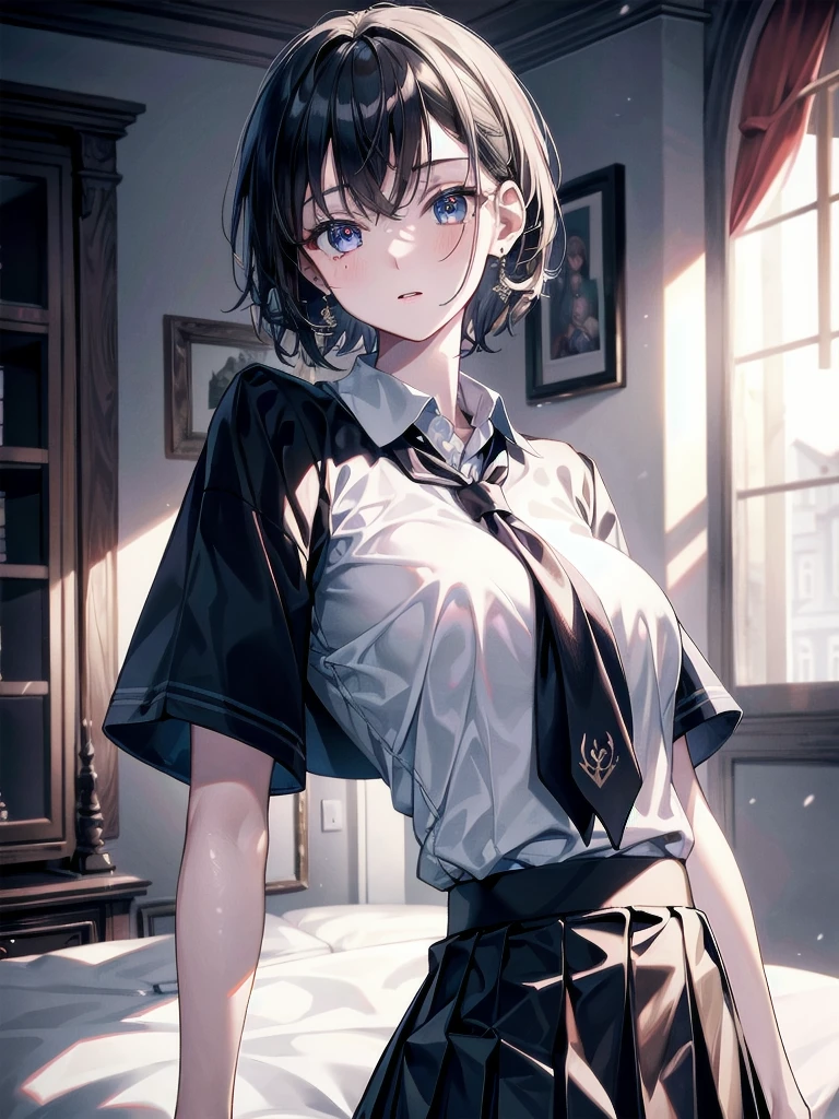 absurdres, RAW photo, extremely delicate and beautiful, masterpiece, Best Quality, ultra high resolution, 32k, hyperrealistic, ultra-detailed, 30 years old, very small head, very small face, delicate facial features, very detailed eyes and face, tearful mole, earring, very huge round breasts, medium hair, asymmetrical hair, whole body shot, indoor, short skirt, (school_uniform:1.2),