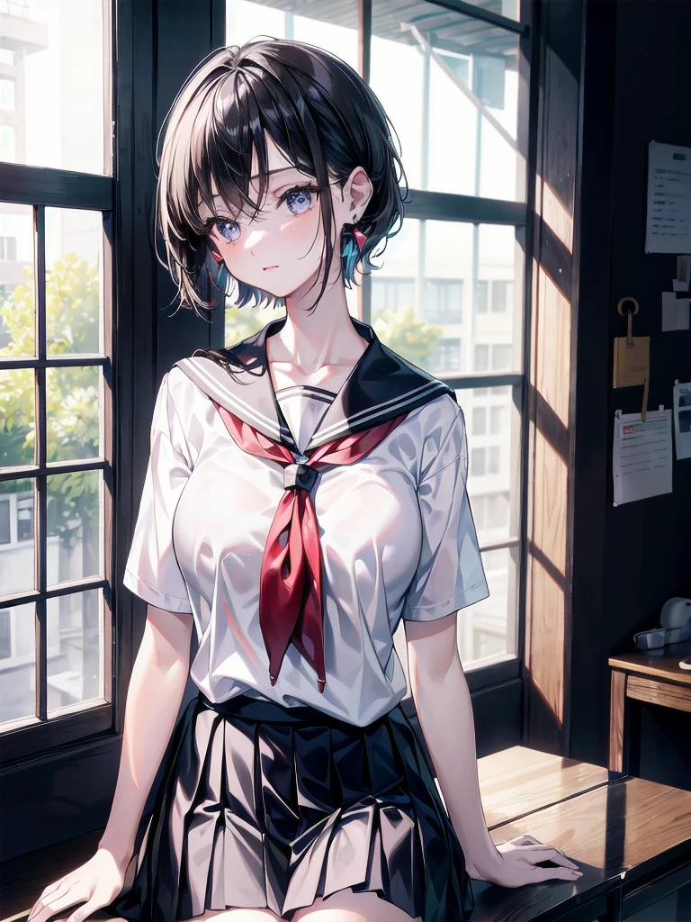 absurdres, RAW photo, extremely delicate and beautiful, masterpiece, Best Quality, ultra high resolution, 32k, hyperrealistic, ultra-detailed, 30 years old, very small head, very small face, delicate facial features, very detailed eyes and face, tearful mole, earring, very huge round breasts, medium hair, asymmetrical hair, whole body shot, indoor, short skirt, (school_uniform:1.2),