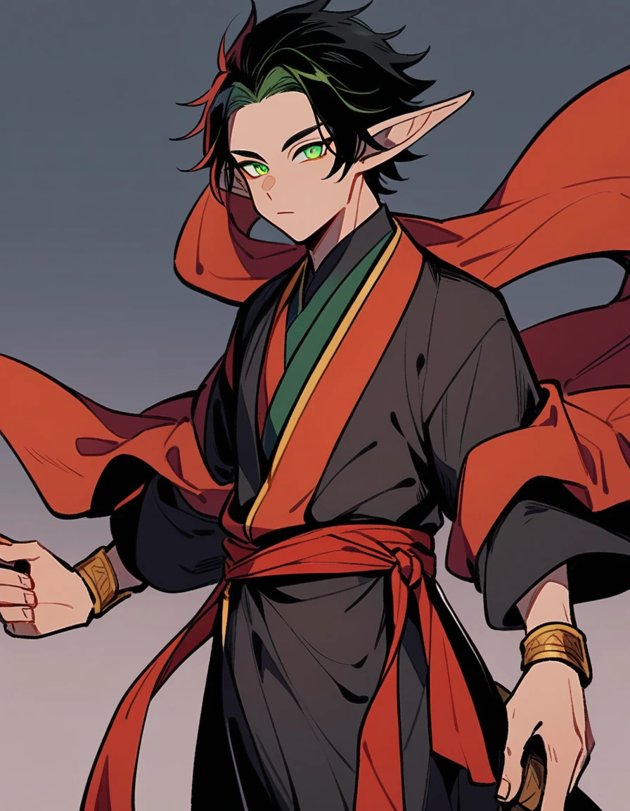 Young man ,light skin male, elf, red & black colors, green eye, monje dnd
