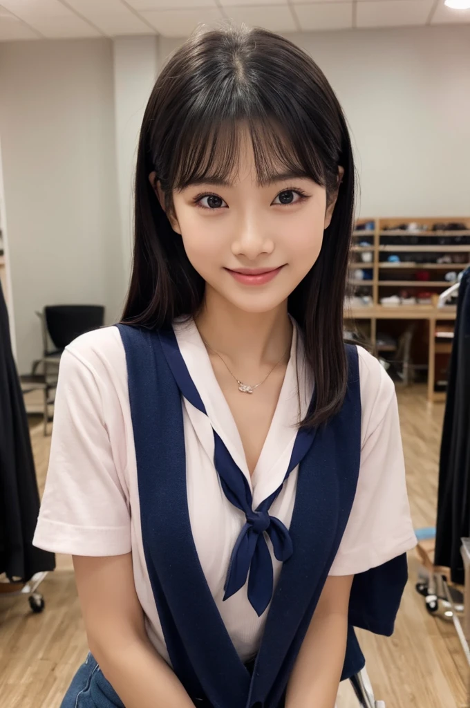 紺と白のセーラー服、Drama club room, high school senior, drama club president, ((full body)), ((photo)), ((best qualtiy, 8K, tmasterpiece:1.3)), Focus:1.2, perfect figure beautiful girl:1.4, 1girl, cowboy shot, look at viewer, eyes facing the camera, incredibly absurd, beautiful and cute girl with a photorealistic face, showcasing top-quality craftsmanship, A Japanese girl preparing for club activities in the drama club room, 15 years old, long, straight, silky black hair, fair skin, big eyes, thin eyebrows, double eyelids, long eyelashes, pink lips, smile, devilish smile, gorgeous features, well-defined facial features, beautiful face line, mysterious beauty, slender, tall, well-balanced proportions, large E-cup breasts, navy blue sailor uniform, favorite silver accessories, well-groomed nails, pretty girl, beauty, devilish type, pretty older sister, passionate about art, sociable, friendly, positive, has leadership skills, is proactive, is flexible, gets things done efficiently, works hard towards dreams and goals, May