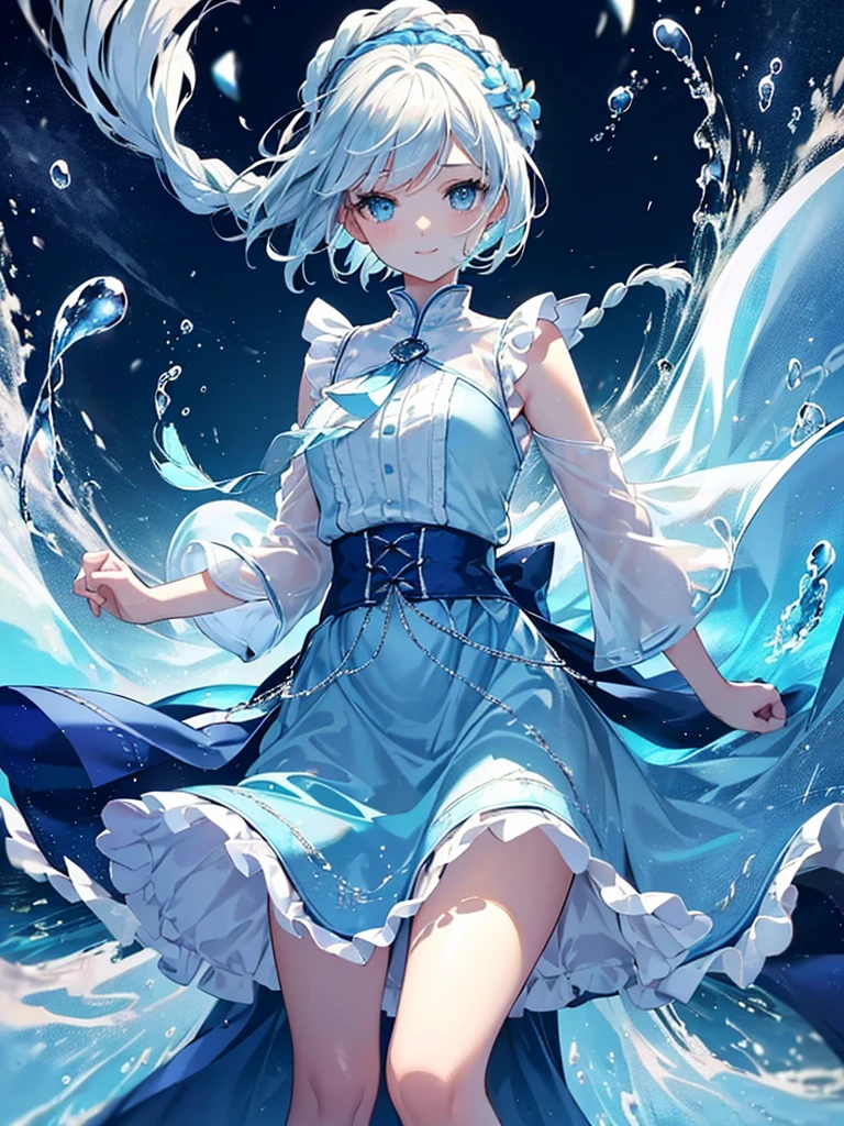 (Ultra Quality figure), Ultra detailed,((Top quality)),beautiful girl, (short white sky hair), ((braided short hair)), her eyes is shining , (highly detailed beautiful eyes), charming smile, Fantasy atmosphere feeling,blue sea scenary,((dream invited blue )) (storm spring)kawaii figure ((long skirt)) ((Storm petal flower)) over the surface sea, dance (from a side) Gentle run